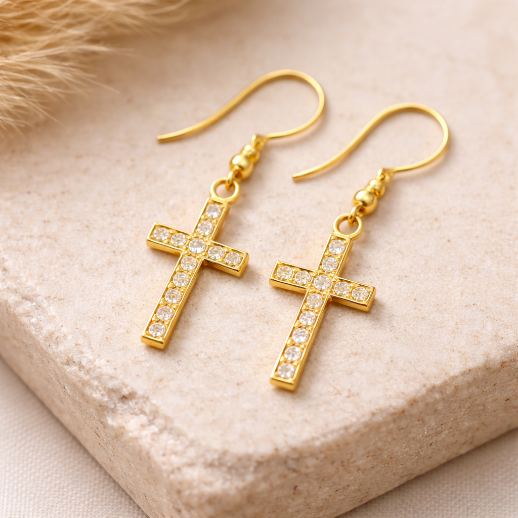 Golden Crystal Cross Earrings