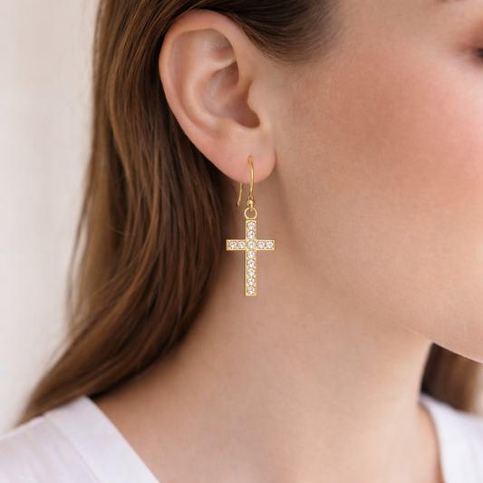 Golden Crystal Cross Earrings