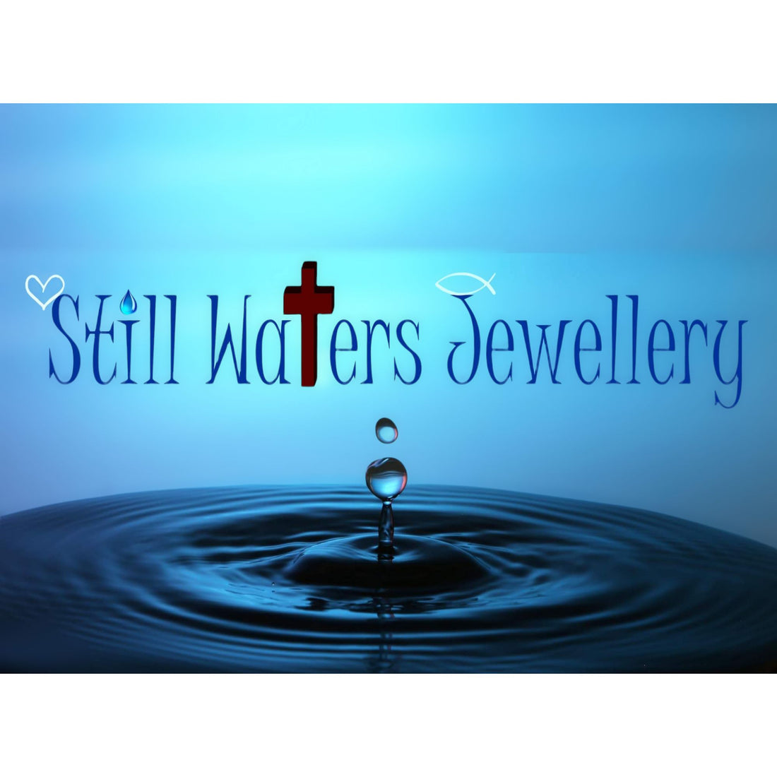 Still Waters Jewellery logo showing the words and a drop of water. Blue