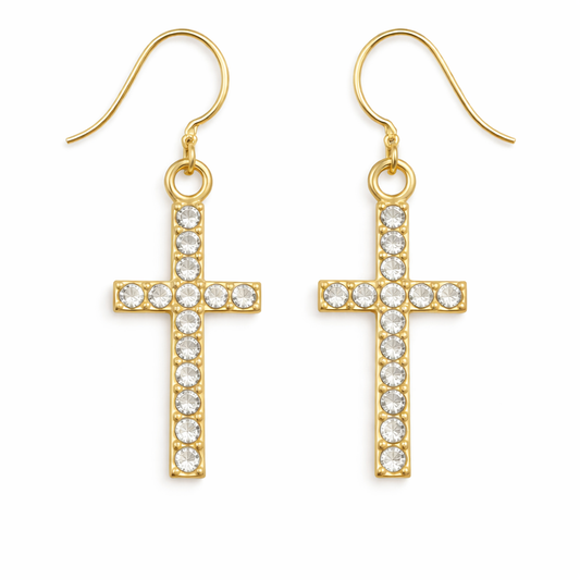 Golden Crystal Cross Earrings